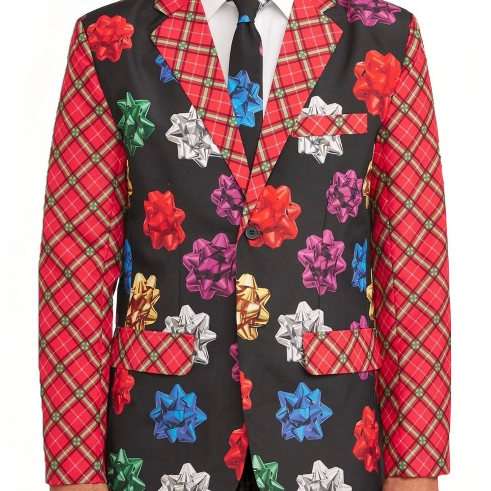 Dec. 25th Ugly Christmas Novelty Blazer Suit Jacket Mens M Party Holiday Bow‎